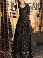 A-Line Mother of the Bride Dress Elegant Sparkle & Shine V Neck Floor Length Lace Tulle Half Sleeve with Sequin - RongMoon