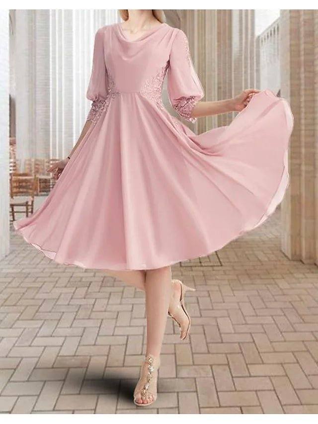 A-Line Mother of the Bride Dress Elegant Sweet Cowl Neck Knee Length Chiffon Lace 3/4 Length Sleeve with Pleats Appliques - RongMoon