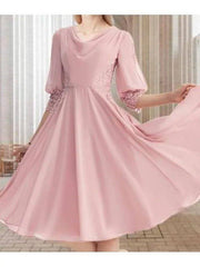 A-Line Mother of the Bride Dress Elegant Sweet Cowl Neck Knee Length Chiffon Lace 3/4 Length Sleeve with Pleats Appliques - RongMoon