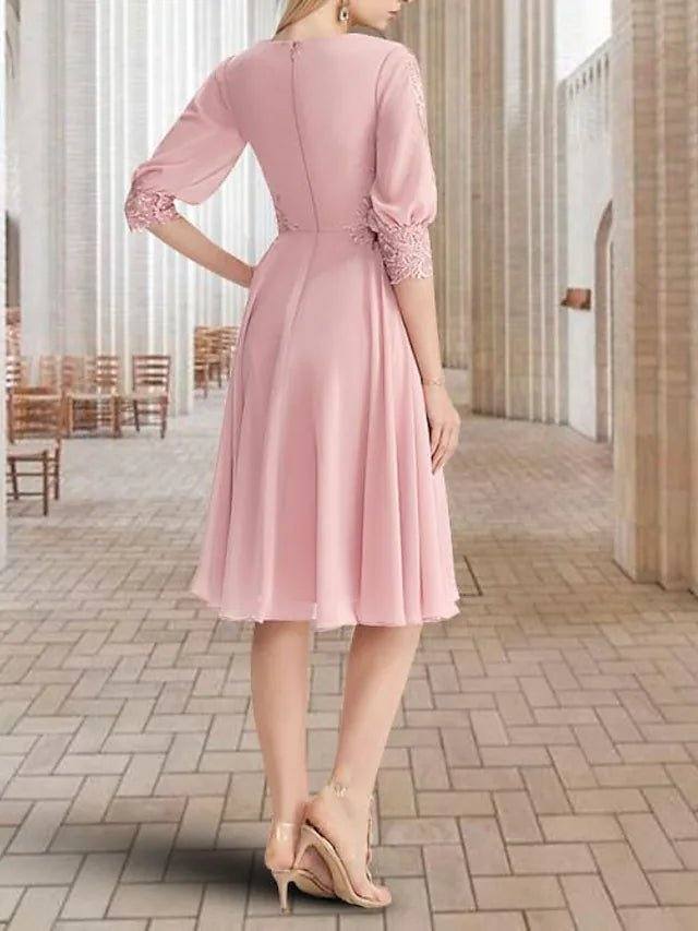 A-Line Mother of the Bride Dress Elegant Sweet Cowl Neck Knee Length Chiffon Lace 3/4 Length Sleeve with Pleats Appliques - RongMoon