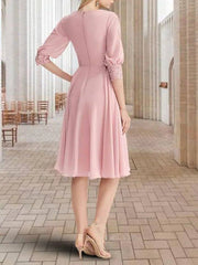 A-Line Mother of the Bride Dress Elegant Sweet Cowl Neck Knee Length Chiffon Lace 3/4 Length Sleeve with Pleats Appliques - RongMoon