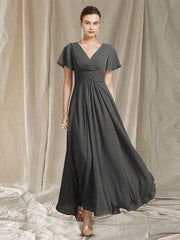 A-Line Mother of the Bride Dress Elegant V Neck Ankle Length Chiffon Short Sleeve with Pleats Beading - RongMoon