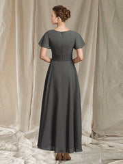 A-Line Mother of the Bride Dress Elegant V Neck Ankle Length Chiffon Short Sleeve with Pleats Beading - RongMoon