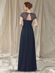 A-Line Mother of the Bride Dress Elegant V Neck Floor Length Chiffon Cap Sleeve with Pleats - RongMoon