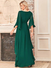 A-Line Mother of the Bride Dress Elegant V Neck Floor Length Chiffon Half Sleeve with Sash / Ribbon - RongMoon