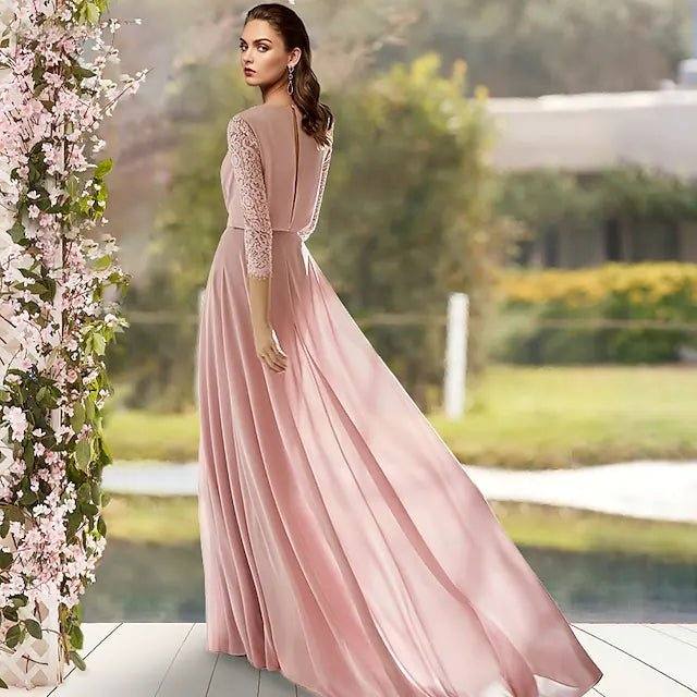 A-Line Mother of the Bride Dress Elegant V Neck Floor Length Chiffon Lace 3/4 Length Sleeve with Pleats - RongMoon