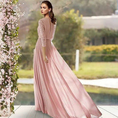 A-Line Mother of the Bride Dress Elegant V Neck Floor Length Chiffon Lace 3/4 Length Sleeve with Pleats - RongMoon