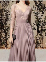 A-Line Mother of the Bride Dress Elegant V Neck Floor Length Chiffon Lace 3/4 Length Sleeve with Pleats - RongMoon