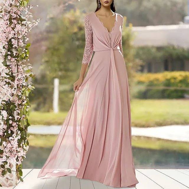 A-Line Mother of the Bride Dress Elegant V Neck Floor Length Chiffon Lace 3/4 Length Sleeve with Pleats - RongMoon