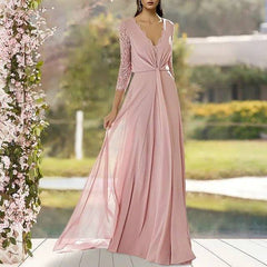 A-Line Mother of the Bride Dress Elegant V Neck Floor Length Chiffon Lace 3/4 Length Sleeve with Pleats - RongMoon
