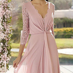 A-Line Mother of the Bride Dress Elegant V Neck Floor Length Chiffon Lace 3/4 Length Sleeve with Pleats - RongMoon