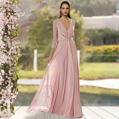 A-Line Mother of the Bride Dress Elegant V Neck Floor Length Chiffon Lace 3/4 Length Sleeve with Pleats - RongMoon