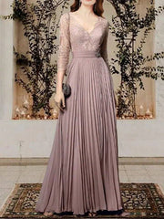 A-Line Mother of the Bride Dress Elegant V Neck Floor Length Chiffon Lace 3/4 Length Sleeve with Pleats - RongMoon