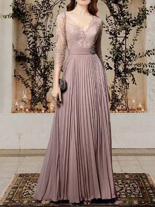 A-Line Mother of the Bride Dress Elegant V Neck Floor Length Chiffon Lace 3/4 Length Sleeve with Pleats - RongMoon