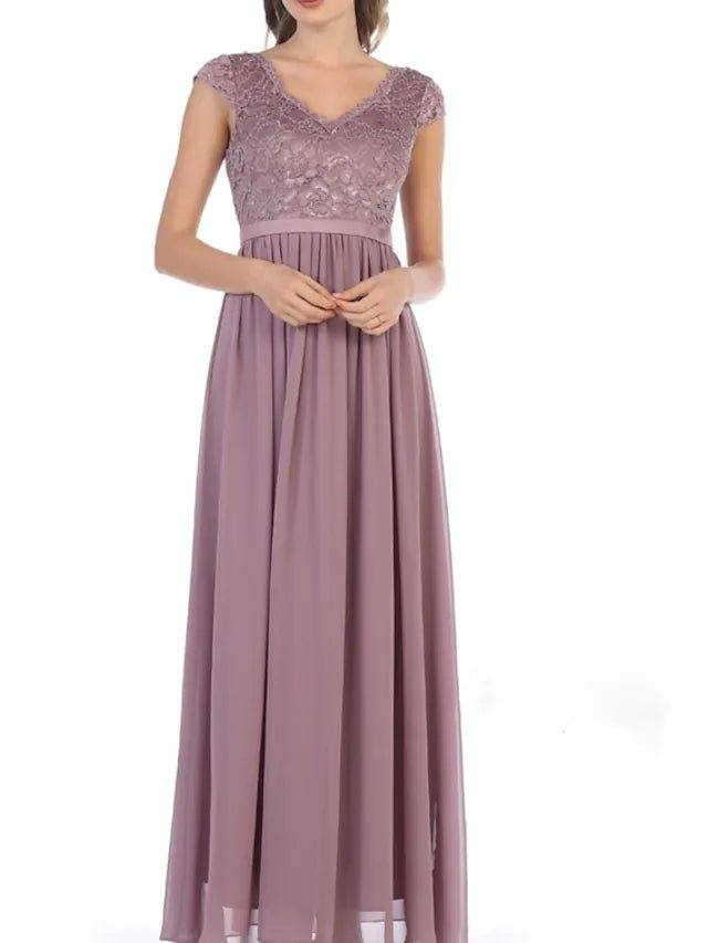 A-Line Mother of the Bride Dress Elegant V Neck Floor Length Chiffon Lace Long Sleeve with Pleats Embroidery - RongMoon