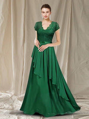 A-Line Mother of the Bride Dress Elegant V Neck Floor Length Chiffon Lace Short Sleeve with Ruffles - RongMoon