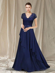 A-Line Mother of the Bride Dress Elegant V Neck Floor Length Chiffon Lace Short Sleeve with Ruffles - RongMoon