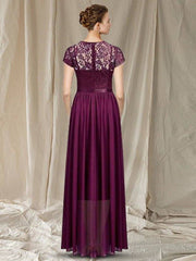 A-Line Mother of the Bride Dress Elegant V Neck Floor Length Chiffon Lace Short Sleeve with Ruffles - RongMoon