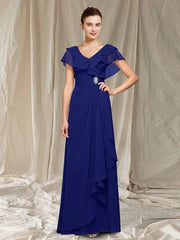 A-Line Mother of the Bride Dress Elegant V Neck Floor Length Chiffon Sleeveless with Ruched Ruffles Crystal Brooch - RongMoon