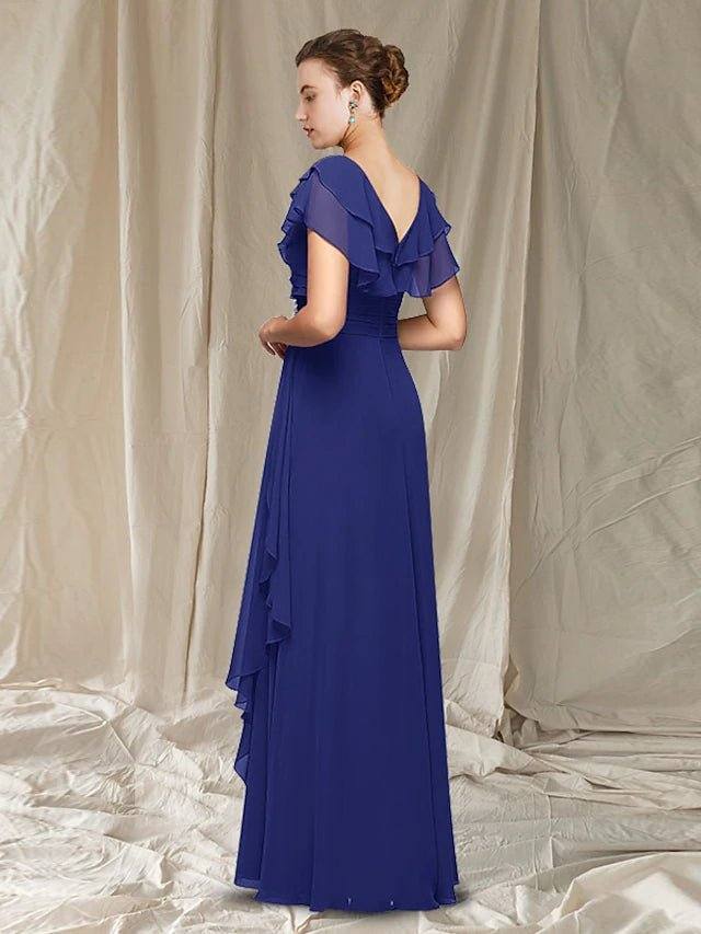 A-Line Mother of the Bride Dress Elegant V Neck Floor Length Chiffon Sleeveless with Ruched Ruffles Crystal Brooch - RongMoon