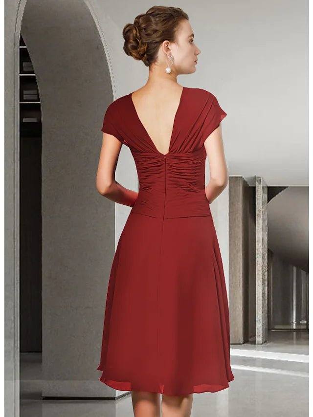 A-Line Mother of the Bride Dress Elegant V Neck Knee Length Chiffon Cap Sleeve with Ruched - RongMoon