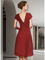 A-Line Mother of the Bride Dress Elegant V Neck Knee Length Chiffon Cap Sleeve with Ruched - RongMoon
