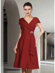 A-Line Mother of the Bride Dress Elegant V Neck Knee Length Chiffon Cap Sleeve with Ruched - RongMoon
