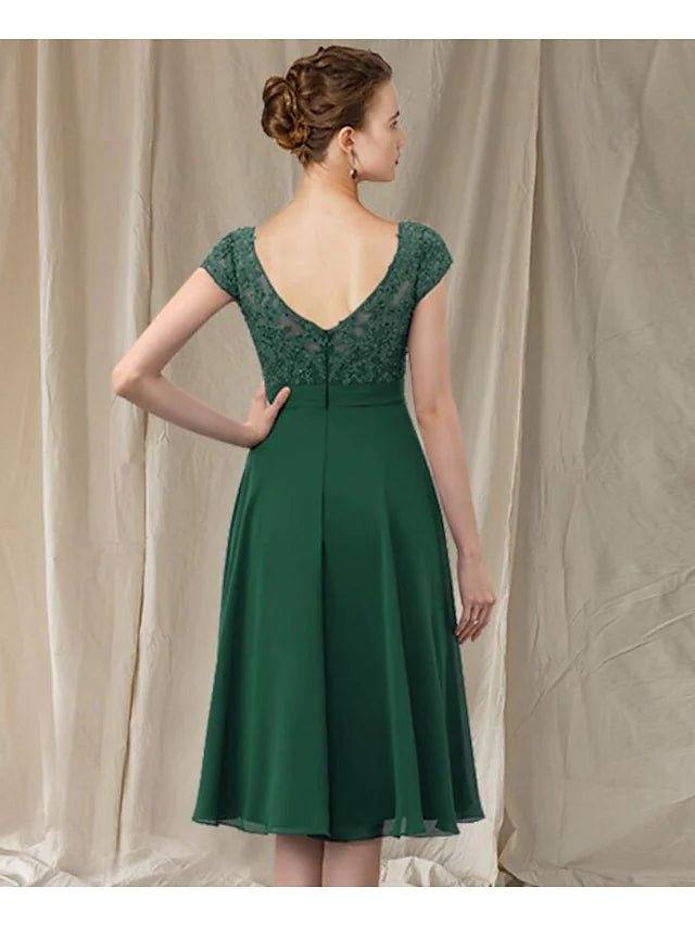 A-Line Mother of the Bride Dress Elegant V Neck Knee Length Chiffon Lace Cap Sleeve with Pleats Appliques - RongMoon