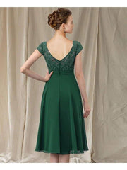 A-Line Mother of the Bride Dress Elegant V Neck Knee Length Chiffon Lace Cap Sleeve with Pleats Appliques - RongMoon