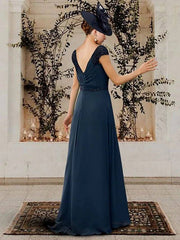 A-Line Mother of the Bride Dress Elegant V Neck Sweep / Brush Train Chiffon Cap Sleeve with Beading - RongMoon
