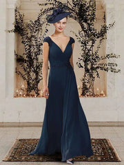 A-Line Mother of the Bride Dress Elegant V Neck Sweep / Brush Train Chiffon Cap Sleeve with Beading - RongMoon