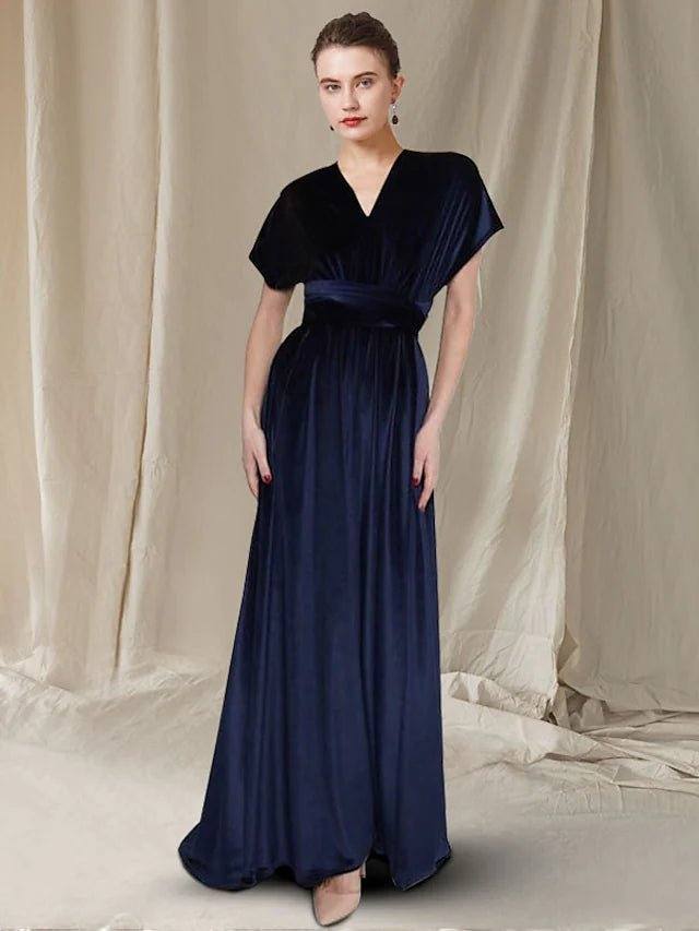 A-Line Mother of the Bride Dress Elegant V Neck Sweep / Brush Train Velvet Cap Sleeve with Pleats Ruched - RongMoon