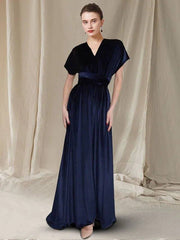 A-Line Mother of the Bride Dress Elegant V Neck Sweep / Brush Train Velvet Cap Sleeve with Pleats Ruched - RongMoon