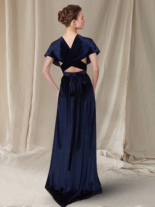A-Line Mother of the Bride Dress Elegant V Neck Sweep / Brush Train Velvet Cap Sleeve with Pleats Ruched - RongMoon