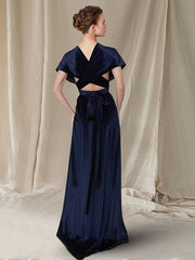 A-Line Mother of the Bride Dress Elegant V Neck Sweep / Brush Train Velvet Cap Sleeve with Pleats Ruched - RongMoon
