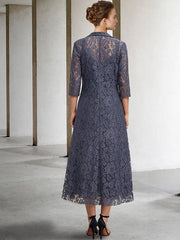 A-Line Mother of the Bride Dress Elegant V Neck Tea Length Chiffon Lace Sleeveless Jacket Dresses with Tier Solid Color - RongMoon
