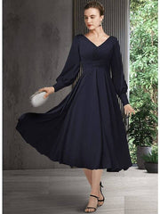 A-Line Mother of the Bride Dress Elegant V Neck Tea Length Chiffon Short Sleeve Long Sleeve with Pleats Ruching - RongMoon