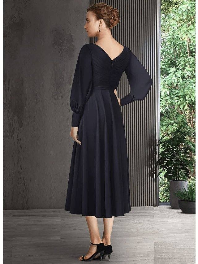 A-Line Mother of the Bride Dress Elegant V Neck Tea Length Chiffon Short Sleeve Long Sleeve with Pleats Ruching - RongMoon