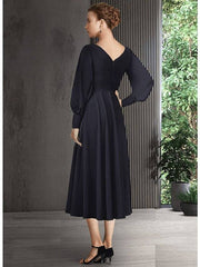 A-Line Mother of the Bride Dress Elegant V Neck Tea Length Chiffon Short Sleeve Long Sleeve with Pleats Ruching - RongMoon