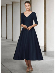 A-Line Mother of the Bride Dress Elegant V Neck Tea Length Satin Half Sleeve with Pleats Ruching - RongMoon