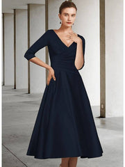 A-Line Mother of the Bride Dress Elegant V Neck Tea Length Satin Half Sleeve with Pleats Ruching - RongMoon