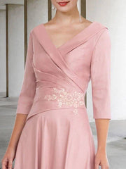 A-Line Mother of the Bride Dress Elegant Vintage V Neck Tea Length Lace Satin Half Sleeve with Appliques Side-Draped - RongMoon
