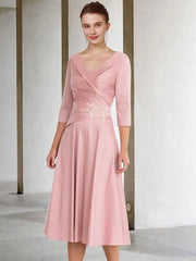 A-Line Mother of the Bride Dress Elegant Vintage V Neck Tea Length Lace Satin Half Sleeve with Appliques Side-Draped - RongMoon