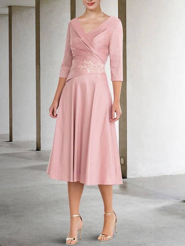 A-Line Mother of the Bride Dress Elegant Vintage V Neck Tea Length Lace Satin Half Sleeve with Appliques Side-Draped - RongMoon