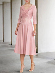A-Line Mother of the Bride Dress Elegant Vintage V Neck Tea Length Lace Satin Half Sleeve with Appliques Side-Draped - RongMoon