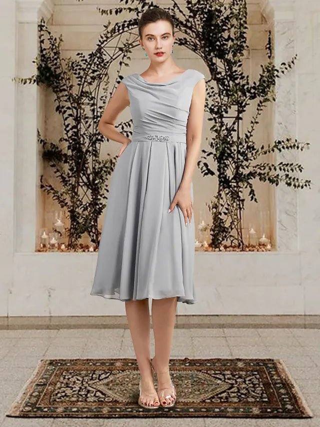 A-Line Mother of the Bride Dress Elegant Wrap Included Jewel Neck Tea Length Chiffon Sleeveless with Crystal Brooch Side-Draped - RongMoon
