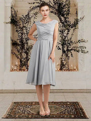 A-Line Mother of the Bride Dress Elegant Wrap Included Jewel Neck Tea Length Chiffon Sleeveless with Crystal Brooch Side-Draped - RongMoon