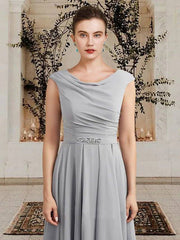 A-Line Mother of the Bride Dress Elegant Wrap Included Jewel Neck Tea Length Chiffon Sleeveless with Crystal Brooch Side-Draped - RongMoon