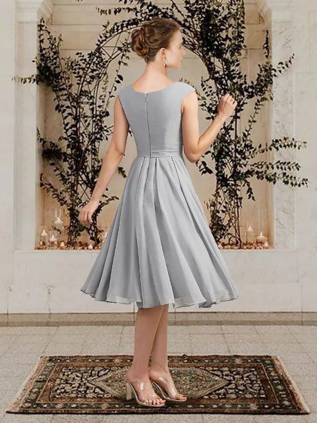 A-Line Mother of the Bride Dress Elegant Wrap Included Jewel Neck Tea Length Chiffon Sleeveless with Crystal Brooch Side-Draped - RongMoon