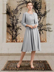 A-Line Mother of the Bride Dress Elegant Wrap Included Jewel Neck Tea Length Chiffon Sleeveless with Crystal Brooch Side-Draped - RongMoon
